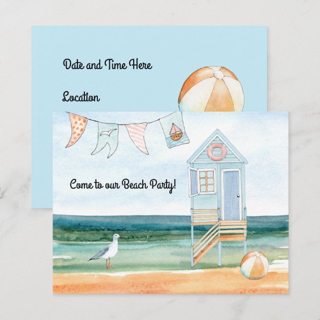 Beach Hut Seagull and Beach Ball Party Announcement (Front/Back)