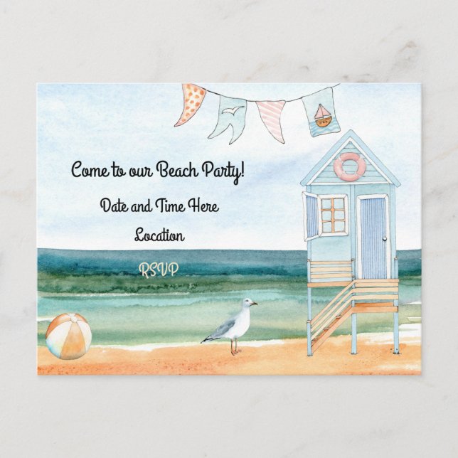 Beach Hut Seagull and Beach Ball Party Invitation (Front)