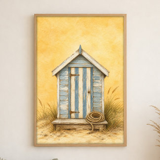 Beach Hut with Striped Door Watercolour Poster