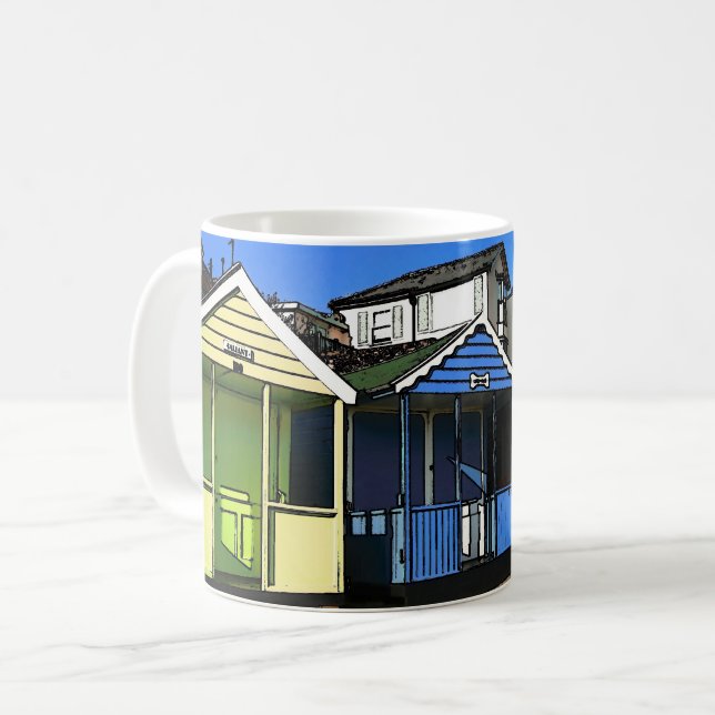 Beach huts and blue skies english seaside photo coffee mug (Front Left)