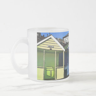 Beach huts and blue skies english seaside photo frosted glass coffee mug