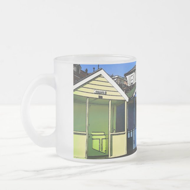 Beach huts and blue skies english seaside photo frosted glass coffee mug (Left)