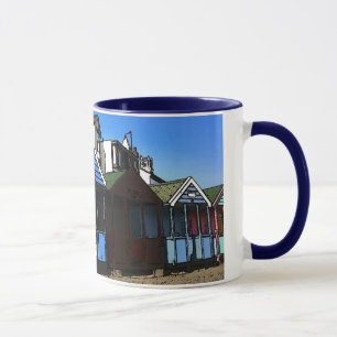 Beach huts and blue skies english seaside photo mug