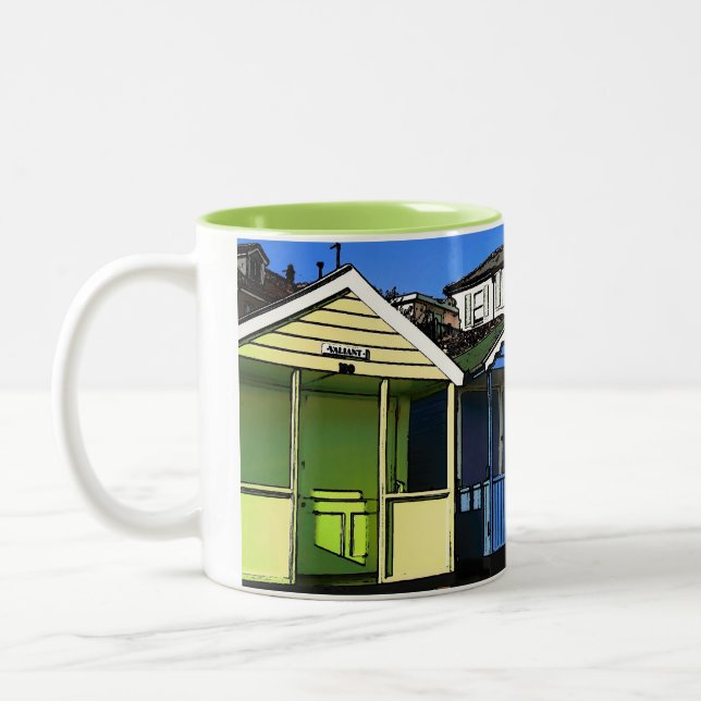 Beach huts and blue skies english seaside photo Two-Tone coffee mug (Left)