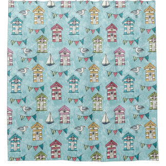 Beach Huts and Gulls Seaside Pattern Shower Curtain