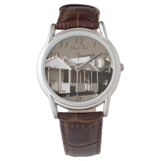 Beach huts blue skies english seaside sepia photo watch (Front)