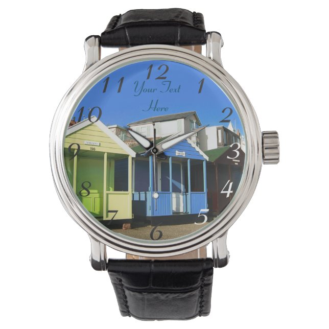 Beach huts blue skies english seaside watch (Front)