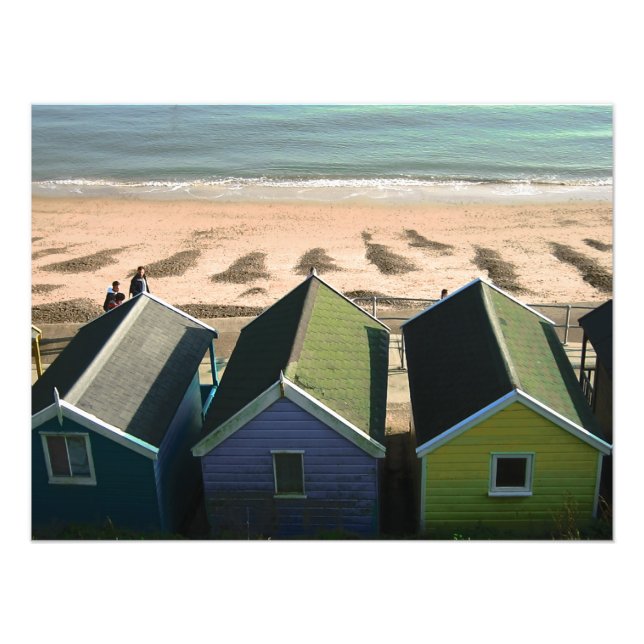 Beach huts blue skies sand english seaside photo (Front)