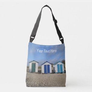 Beach huts blue skies sand english seaside photo crossbody bag
