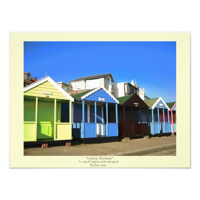 Beach huts blue skies sand english seaside photo print (Front)