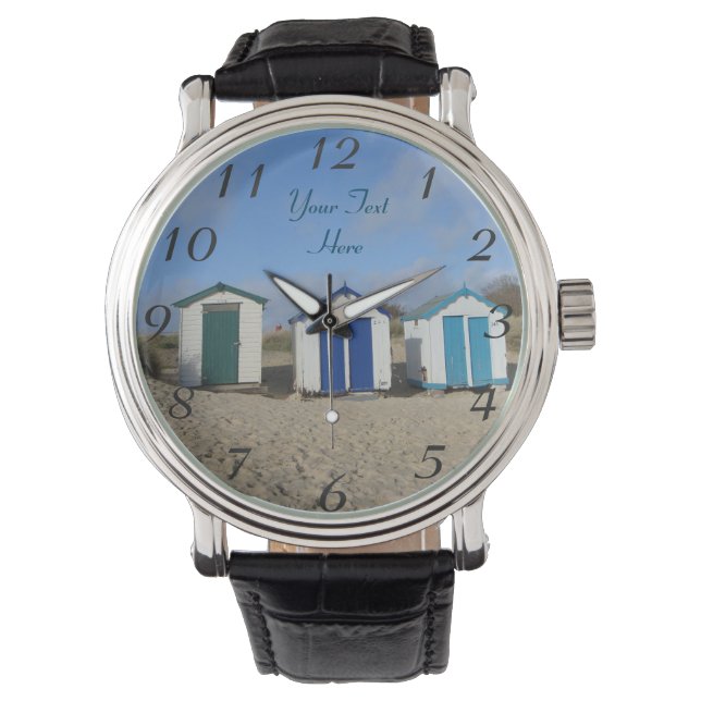 beach huts blue skies sand english seaside watch (Front)