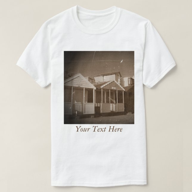 Beach huts blue skies sepia english seaside photo T-Shirt (Design Front)