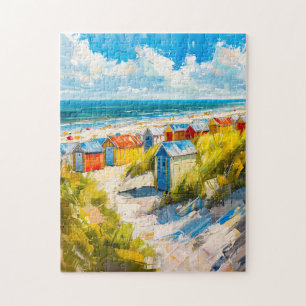 Beach Huts by the Sea in Holland Painting Jigsaw Puzzle