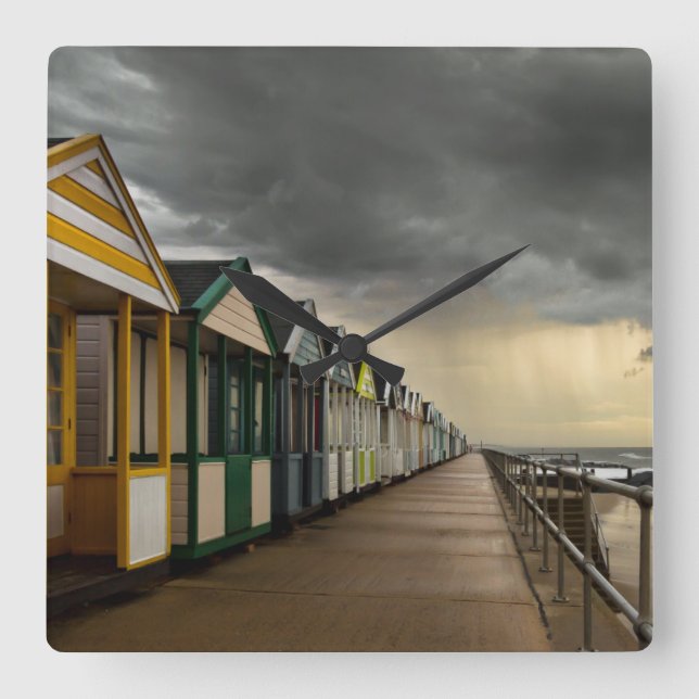 Beach Huts In A Summer Storm | Southwold Square Wall Clock (Front)
