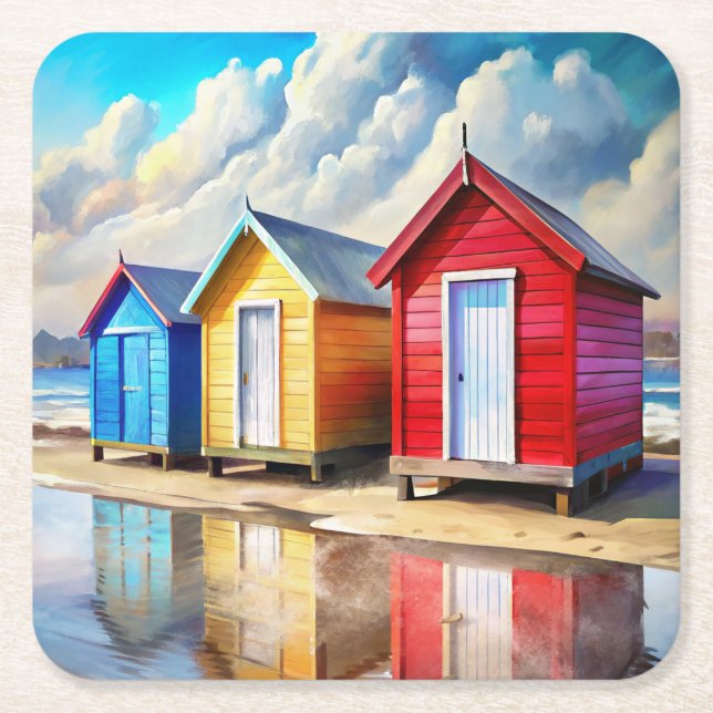 Beach Huts Square Paper Coaster (Front)
