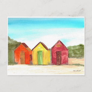 Beach huts watercolor ocean coastal beach postcard