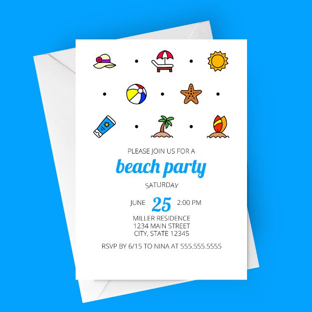 Beach Icons Party Invitation (Minimalist Modern Beach Line Icons Beach Party Invitation)