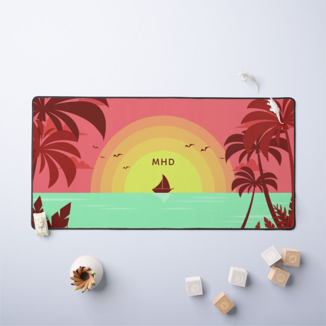Beach Illustration custom monogram Desk Mat (Kids Table)