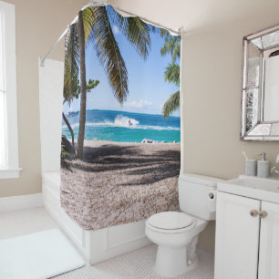 Beach in a sunny day throw pillow shower curtain