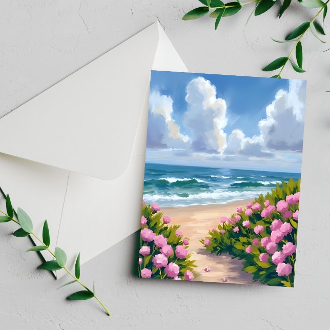 Beach in Bloom | Pink Hydrangea Ocean Coastal Card (Creator Uploaded)