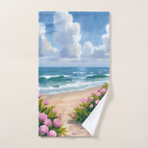 Beach in Bloom   Pink Hydrangea Oceanside Coastal Hand Towel