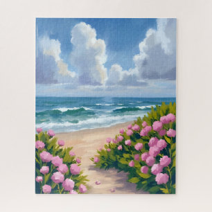 Beach in Bloom Pink Hydrangea Oceanside Coastal Jigsaw Puzzle