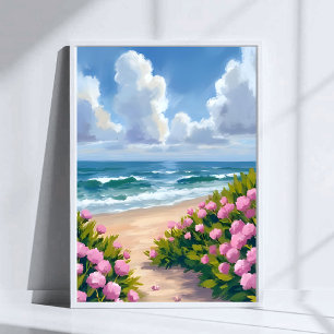 Beach in Bloom   Pink Hydrangea Oceanside Coastal Poster