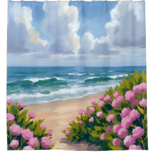 Beach in Bloom   Pink Hydrangea Oceanside Coastal Shower Curtain