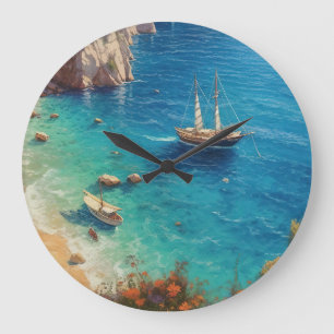 Beach in Greece Large Clock