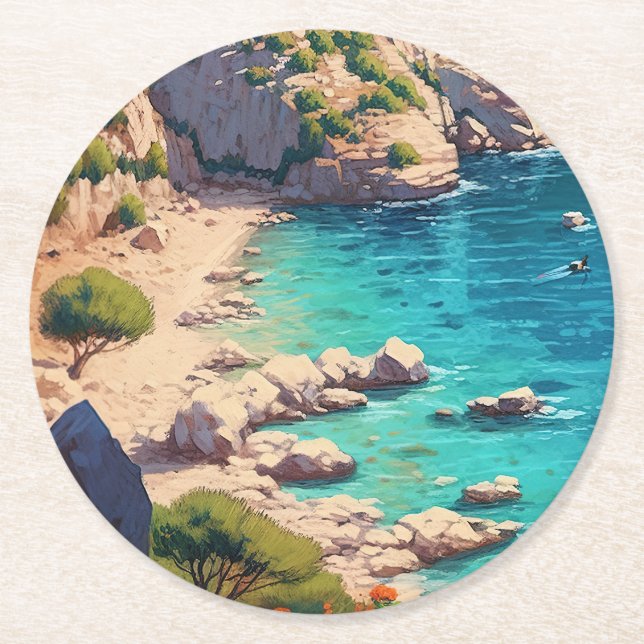 Beach in Greece  Round Paper Coaster (Front)