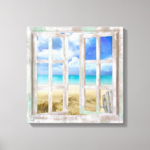 Beach in Open Window coastal cottage wrapped Canvas Print
