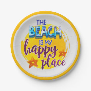 Beach Is Happy Place Quote Bright Sunny Yellow  Paper Plate