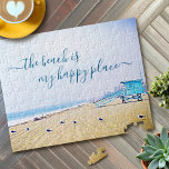 Beach Is Happy Place Script Lifeguard Booth Photo Jigsaw Puzzle<br><div class="desc">“The beach is my happy place.” Relax and remind yourself of the fresh salt smell of the ocean air whenever you use this stunning light blue, pastel-coloured photo jigsaw puzzle. Exhale and explore the solitude of an empty California beach, complete with turquoise lifeguard booth and seagulls. Makes a great gift!...</div>
