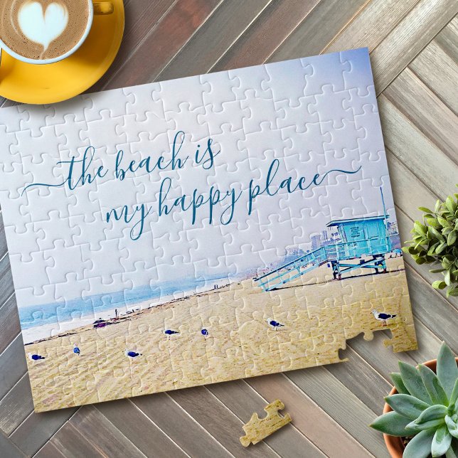 Beach Is Happy Place Script Lifeguard Booth Photo Jigsaw Puzzle (Creator Uploaded)