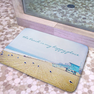 Beach Is My Happy Place Script Ocean Coastal Photo Bath Mat