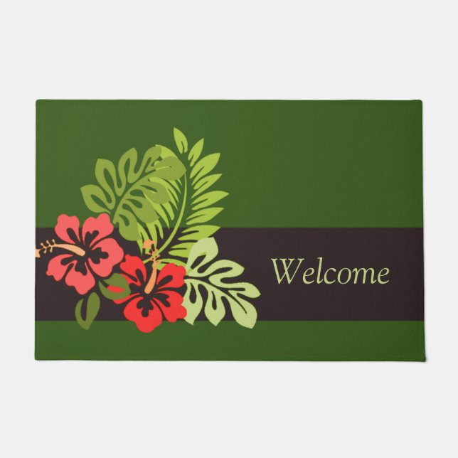 Beach Island Summer Tropical Hibiscus Flowers Leaf Doormat (Front)