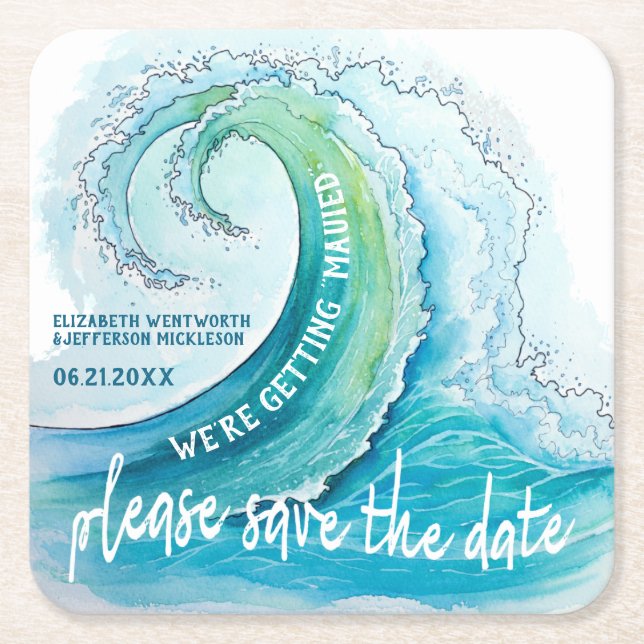 Beach Island Wave Wedding Save The Date Square Paper Coaster (Front)