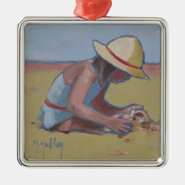 Beach Kid Cute little girl playing in sand Metal Tree Decoration (Front)