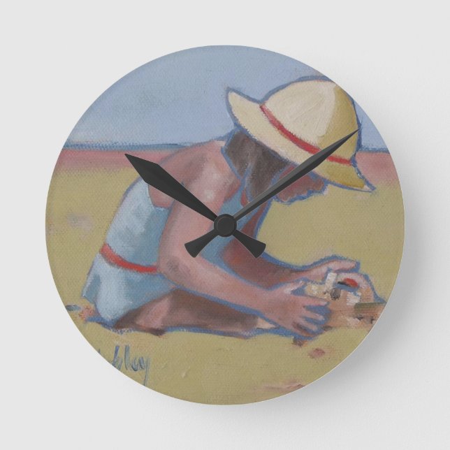 Beach Kid Cute little girl playing in sand Round Clock (Front)