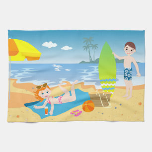 Beach kids birthday gift tea towel