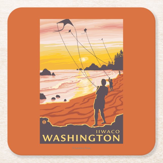 Beach & Kites - Ilwaco, Washington Square Paper Coaster (Front)
