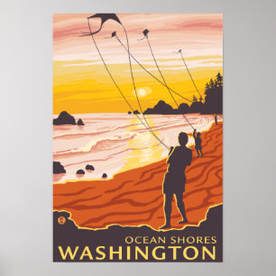 Beach & Kites - Ocean Shores, Washington Poster