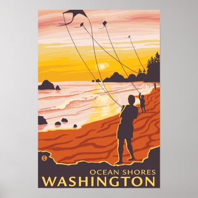 Beach & Kites - Ocean Shores, Washington Poster (Front)
