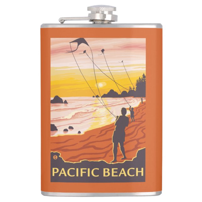 Beach & Kites - Pacific Beach, Washington Hip Flask (Front)