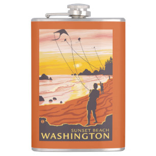 Beach & Kites - Sunset Beach, Washington Hip Flask