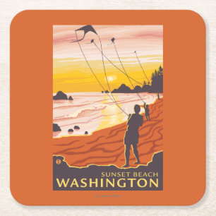Beach & Kites - Sunset Beach, Washington Square Paper Coaster