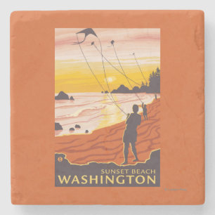 Beach & Kites - Sunset Beach, Washington Stone Coaster