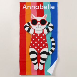Beach Kitty Stripes Personalise Beach Towel
