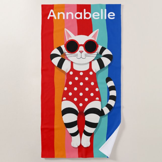 Beach Kitty Stripes Personalise Beach Towel (Front)