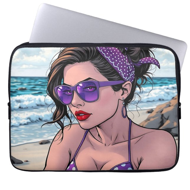 Beach Lady in Shades, Bikini and Bandanna  Laptop Sleeve (Front)